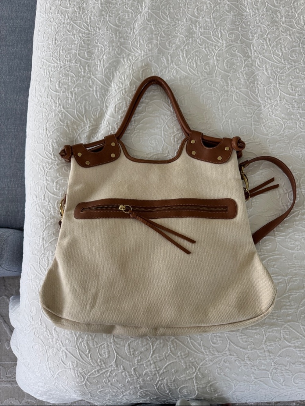 Pietro Alessandro Cream Canvas Tote with Brown Leather Trim - Picture 4 of 6